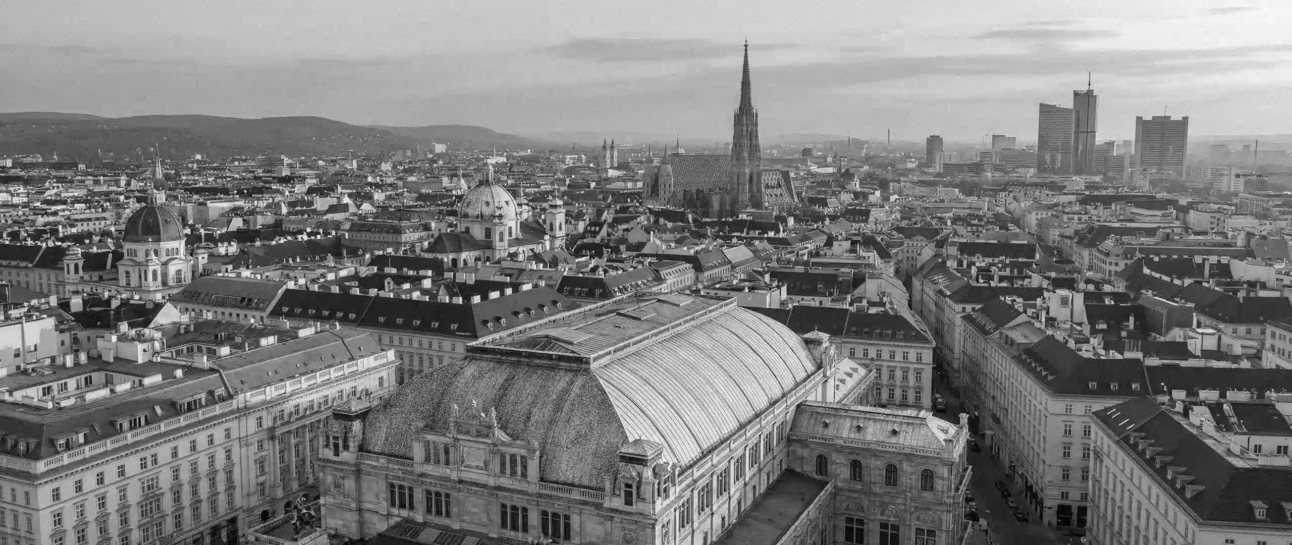 Blick über die Dächer von Wien mit dem Stephansdom – der Geburtsort und Sitz von Menelamé. Eine Hommage an österreichische Handwerkskunst und zeitloses Design.