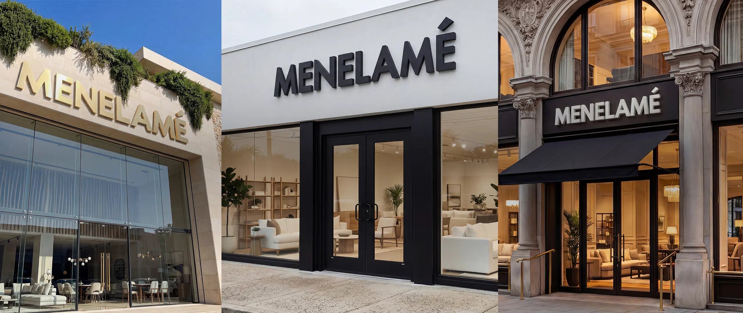 Außenansichten der exklusiven Menelamé Showrooms. Die stilvollen Fassaden spiegeln den hohen Anspruch an Design und luxuriöses Interieur wider.