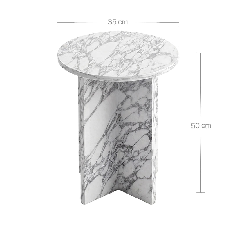 Technisches Bild mit Maßangaben für den Hillu Beistelltisch aus Arabescato Marmor. Die Grafik zeigt die Produktdimensionen: eine Höhe von 50 cm sowie einen Durchmesser der runden Marmorplatte von 35 cm.