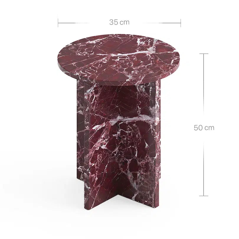 Technisches Bild mit Maßangaben für den Hillu Beistelltisch aus Rosso Levanto Marmor. Die Grafik zeigt eine Höhe von 50 cm und einen Durchmesser der runden Tischplatte von 35 cm für das architektonische Design mit überkreuztem Standfuß.