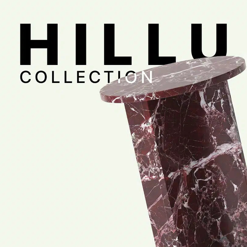 Werbegrafik für die Hillu Collection von Menelame. Gezeigt wird der obere Teil des Beistelltischs aus tiefrotem Rosso Levanto Marmor mit seiner markanten weißen Äderung vor dem Markenschriftzug.