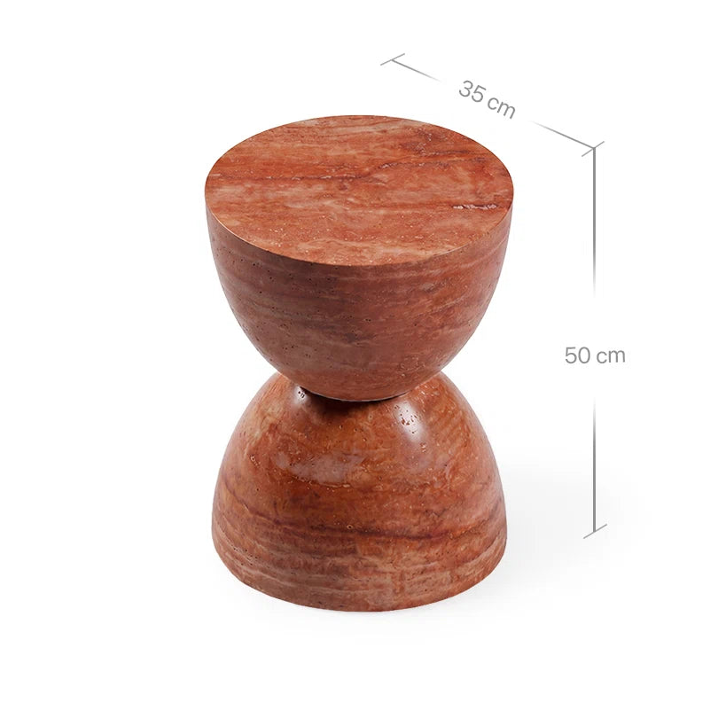 Technisches Bild mit Maßangaben für den Kromi Beistelltisch aus rotem Travertin. Eingezeichnet sind der Durchmesser der runden Tischplatte von 35 cm sowie die Gesamthöhe von 50 cm für das skulpturale Double-Cone-Design.