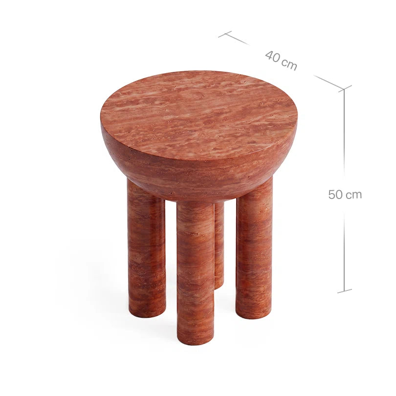 Technisches Bild mit Maßangaben für den Lugo Beistelltisch aus rotem Travertin. Die Grafik zeigt den runden Tisch mit einem Durchmesser von 40 cm und einer Höhe von 50 cm sowie die drei charakteristischen, zylindrischen Beine.