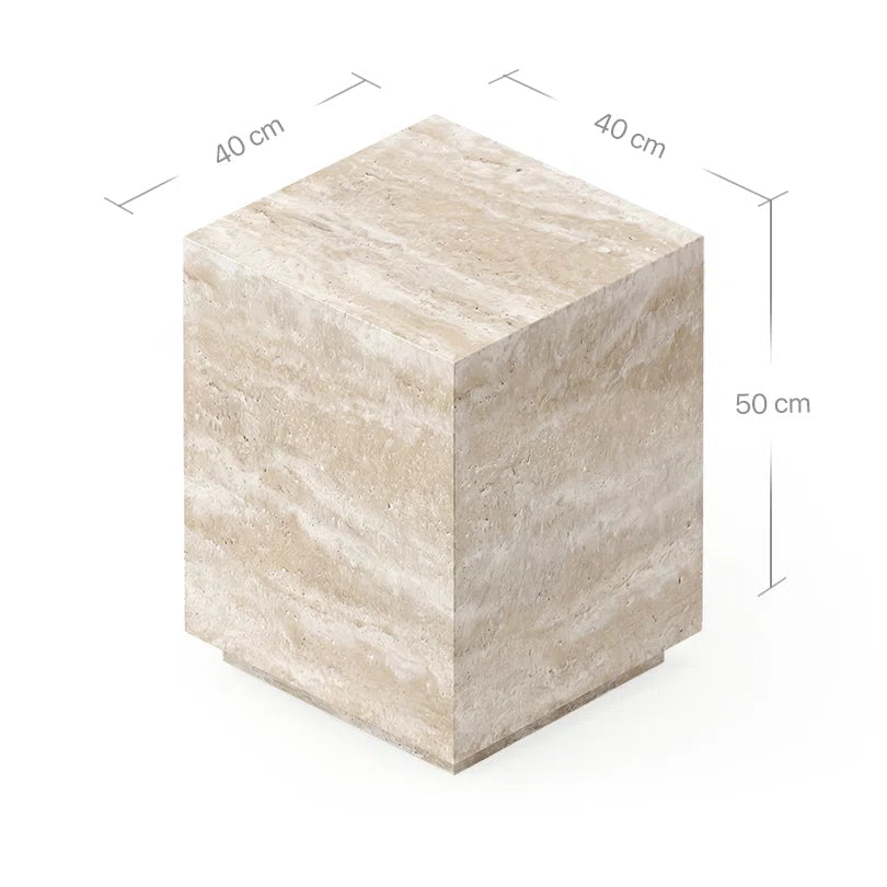 Technisches Bild mit Maßangaben für den Pella Beistelltisch aus beigem Travertin. Die Grafik zeigt Produktdimensionen von 40x40 cm für die Tischplatte und eine Gesamthöhe von 50 cm.