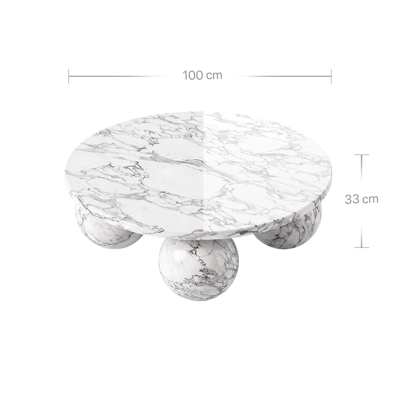 Technisches Bild mit Maßangaben für den Belnor Couchtisch aus Arabescato Marmor. Die Grafik zeigt einen Durchmesser von 100 cm für die Tischplatte und eine Gesamthöhe von 33 cm für das skulpturale Design.