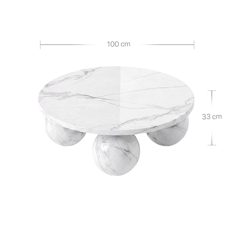 Technisches Bild mit Maßangaben für den Belnor Couchtisch aus Calacatta White Marmor. Die Grafik zeigt die Dimensionen des runden Tisches: einen Durchmesser von 100 cm für die Tischplatte und eine Gesamthöhe von 33 cm.