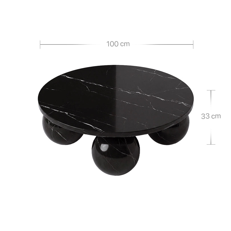 Technisches Bild mit Maßangaben für den Belnor Couchtisch aus Nero Marquina Marmor. Die Grafik zeigt einen Tischplattendurchmesser von 100 cm und eine Gesamthöhe von 33 cm für das skulpturale Design.