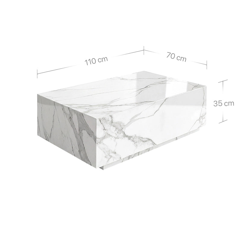 Technisches Bild mit Maßangaben für den Madena Couchtisch in Calacatta White Marmor. Gezeigt wird der monolithische Block mit den Maßen 110 cm Länge, 70 cm Breite und 35 cm Höhe.