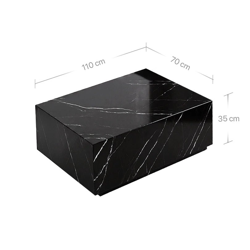 Technisches Bild mit Maßangaben für den Madena Couchtisch aus Nero Marquina Marmor. Die Grafik zeigt die monolithischen Abmessungen: 110 cm Länge, 70 cm Breite und eine Höhe von 35 cm.