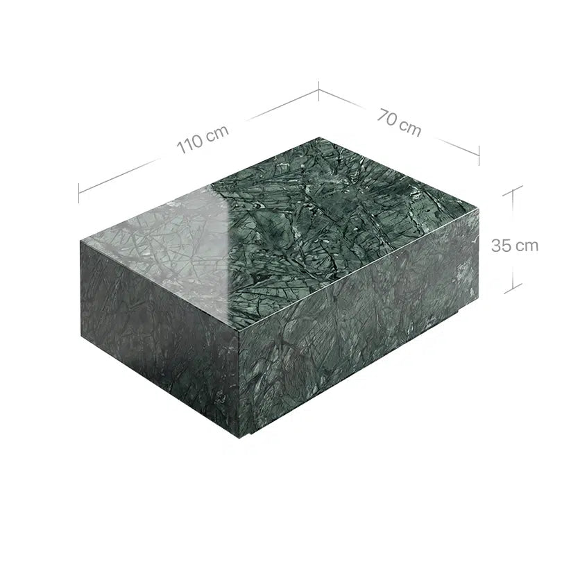 Technisches Bild mit Maßangaben für den Madena Couchtisch aus Verde Guatemala Marmor. Die Grafik zeigt die monolithischen Abmessungen: 110 cm Länge, 70 cm Breite und eine Höhe von 35 cm.