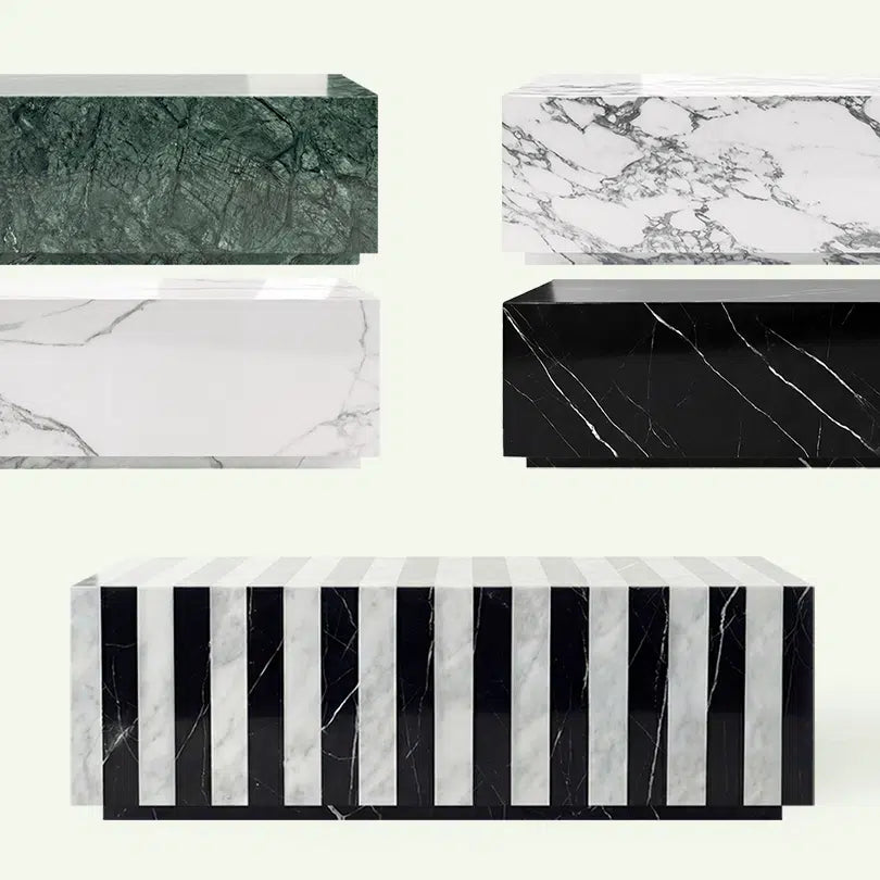 Frontale Übersicht der Madena Kollektion mit Fokus auf das Zebra-Design. Die Grafik zeigt den gestreiften Marmor-Couchtisch im Vergleich zu den einfarbigen Varianten in Arabescato, Calacatta White, Nero Marquina und Verde Guatemala.