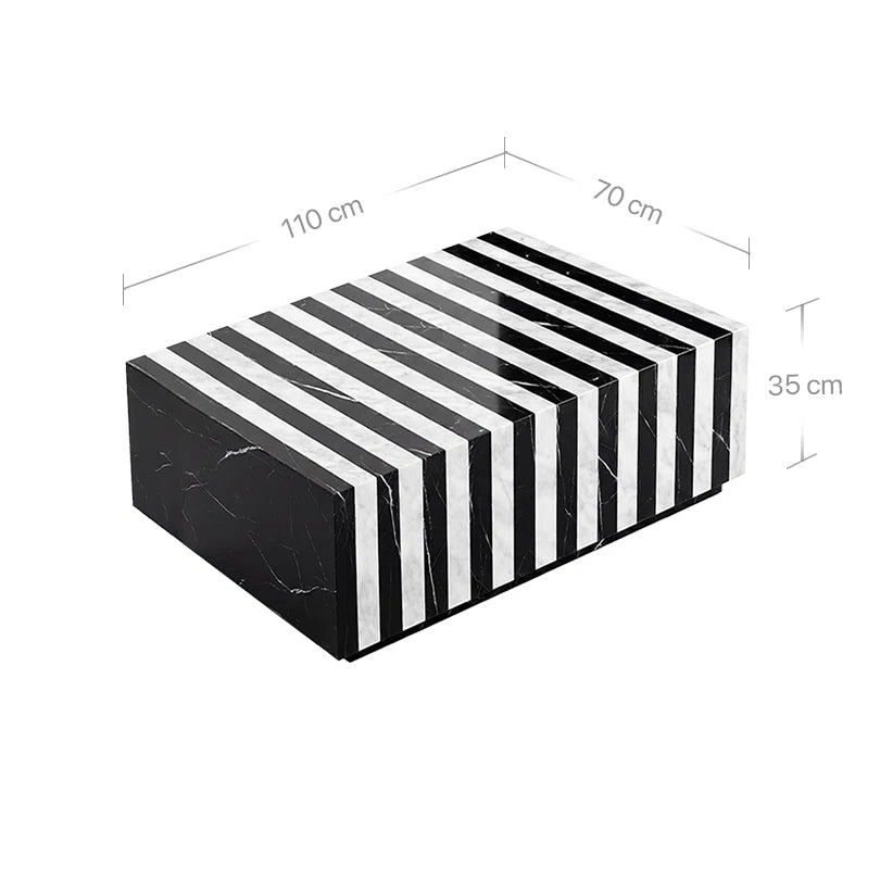 Technisches Bild mit Maßangaben für den Madena Couchtisch im Zebra-Look. Der gestreifte Marmorblock wird mit den Dimensionen 110 cm Länge, 70 cm Breite und 35 cm Höhe dargestellt.