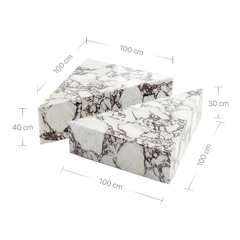 Technisches Bild mit Maßangaben für den Sokala Couchtisch aus Calacatta Viola Marmor. Die Grafik zeigt die Dimensionen der zwei versetzt angeordneten Dreiecksmodule mit Seitenlängen von je 100 cm und Höhen von 30 cm sowie 40 cm.