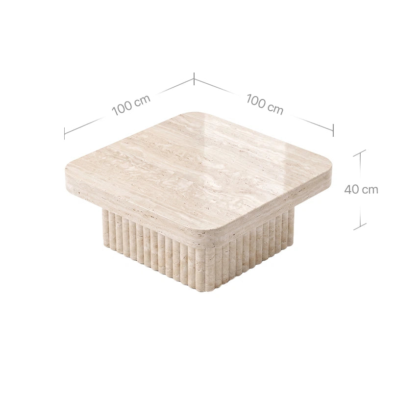 Technisches Bild mit Maßangaben für den Kutio Couchtisch aus beigem Travertin. Die Grafik verdeutlicht die Abmessungen des quadratischen Natursteintisches: 100 cm Kantenlänge und eine Höhe von 40 cm.