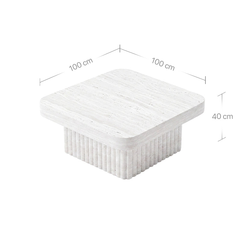 Technisches Bild mit Maßangaben für den Kutio Couchtisch aus super weißem Travertin. Die Grafik zeigt die quadratischen Abmessungen von 100x100 cm sowie eine Gesamthöhe von 40 cm für das architektonische Design.