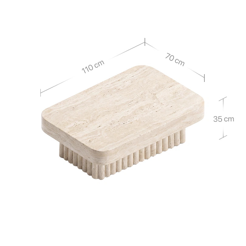 Technisches Bild mit Maßangaben für den rechteckigen Kutiu Couchtisch aus beigem Travertin. Die Grafik zeigt die Abmessungen: 110 cm Länge, 70 cm Breite und eine komfortable Höhe von 35 cm.