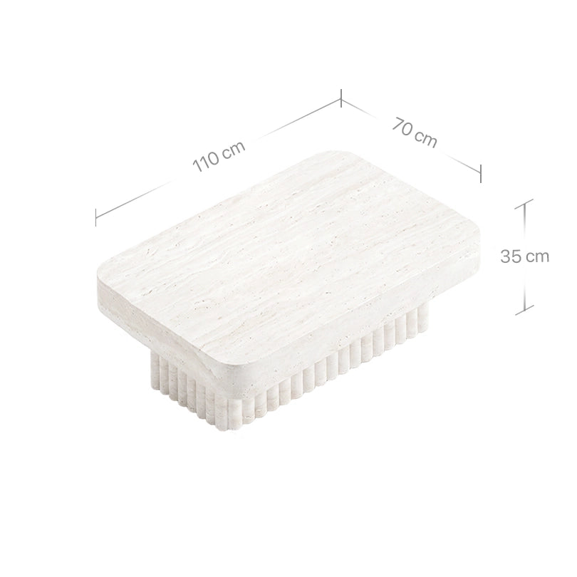 Technisches Bild mit Maßangaben für den rechteckigen Kutiu Couchtisch aus super weißem Travertin. Eingezeichnet sind die Maße: 110 cm Länge, 70 cm Breite und eine Höhe von 35 cm.