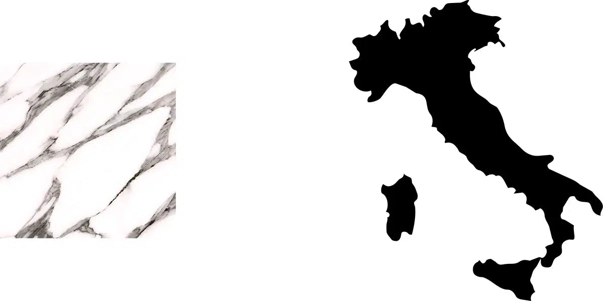 Menelame Materialübersicht: Weiße Arabescato Marmor-Textur mit grauer Äderung neben einer schwarzen Silhouette der Landkarte von Italien.