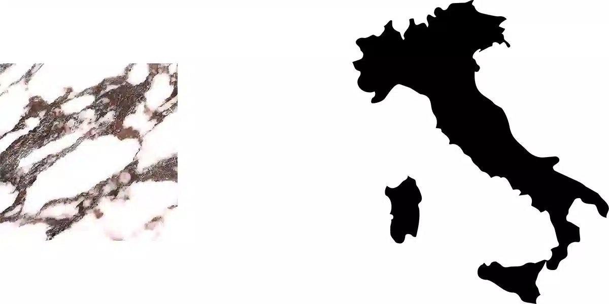 Edler Calacatta Viola Marmor mit charakteristischer violetter Struktur und die geografische Form von Italien – Materialkunde von Menelame.