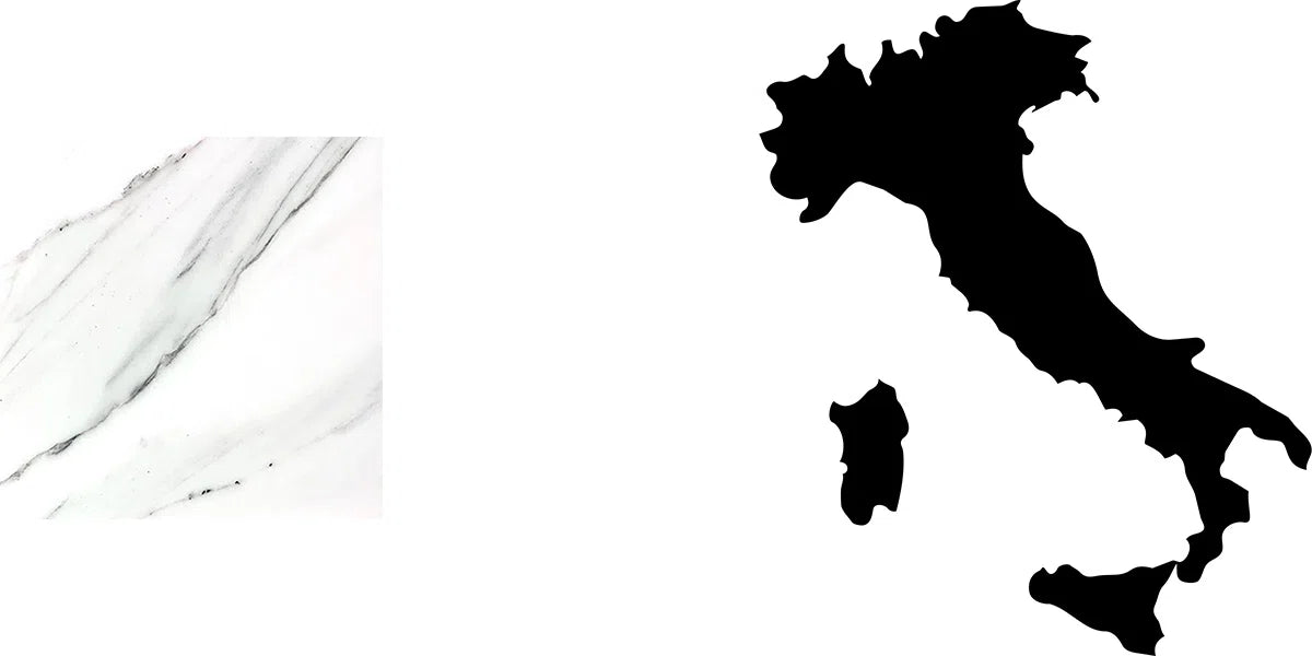 Hochwertiger weißer Calacatta Marmor mit markanten grauen Linien und die Italien-Karte zur Herkunftsbestimmung von Menelame.
