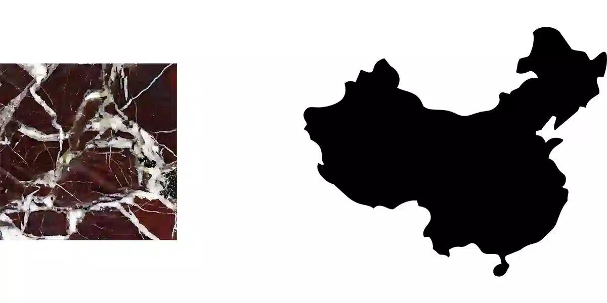 Dunkelroter Rosso Levanto Marmor mit weißem Adernetz neben der schwarzen Silhouette Chinas – Menelame Materialkunde.