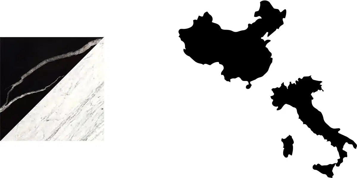 Menelame Materialkombination: Diagonale Teilung aus schwarzem Nero Marquina und weißem Carrara Marmor neben den Landkarten von China und Italien.