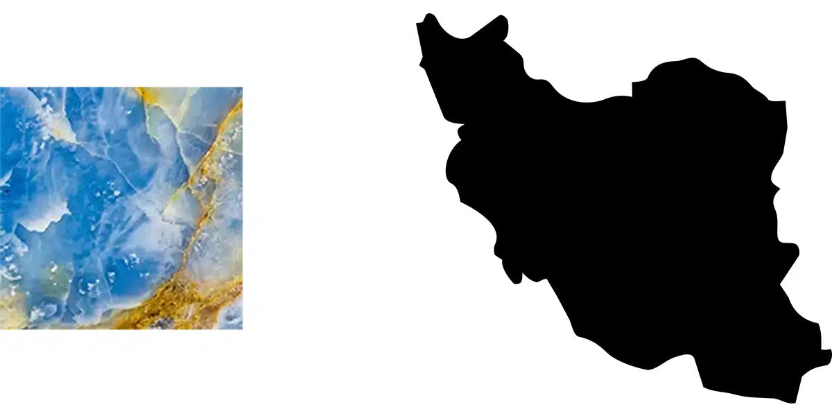 Exklusiver blauer Onyx-Naturstein mit goldenen Einschlüssen für Menelame Tische, daneben die Umrisse des Iran.