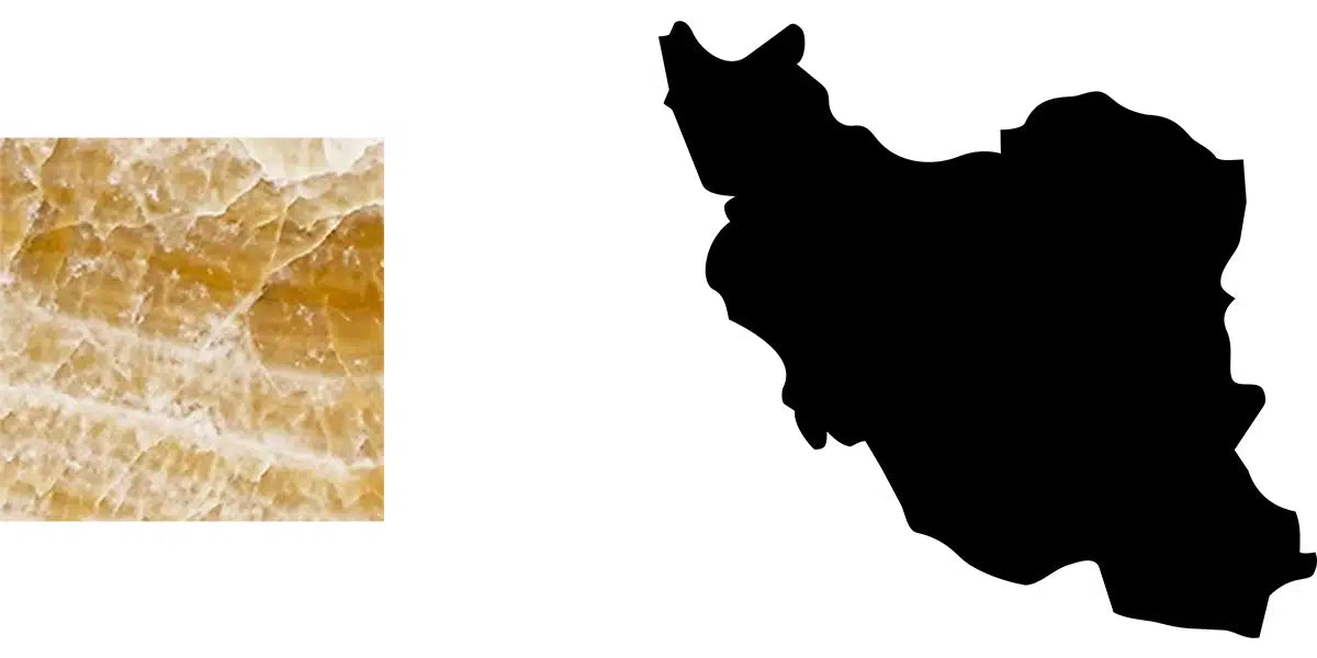 Menelame Materialkunde: Honiggelbe Onyx-Textur mit kristalliner Struktur neben der schwarzen Silhouette der Landkarte des Iran.