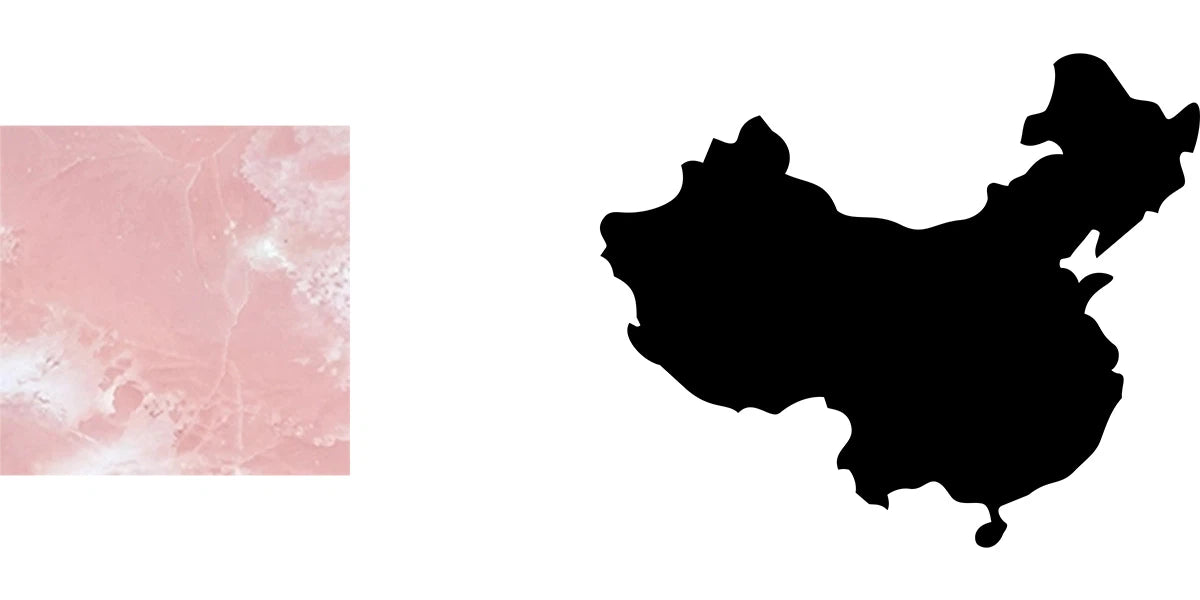 Menelame Design-Material: Zartrosa Rose Onyx mit weißlichen Einschlüssen neben der Landkarte von China.