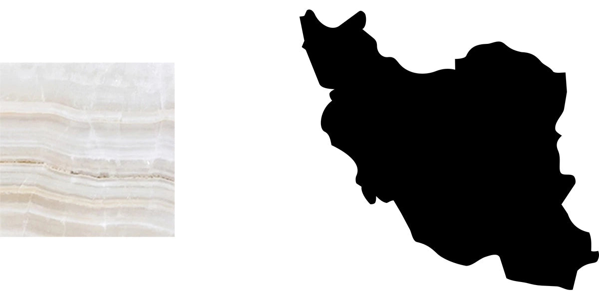 Edler weißer Onyx mit feiner Schichtung und die Landkarte des Iran – Exklusive Naturstein-Herkunft für Menelame Tische.
