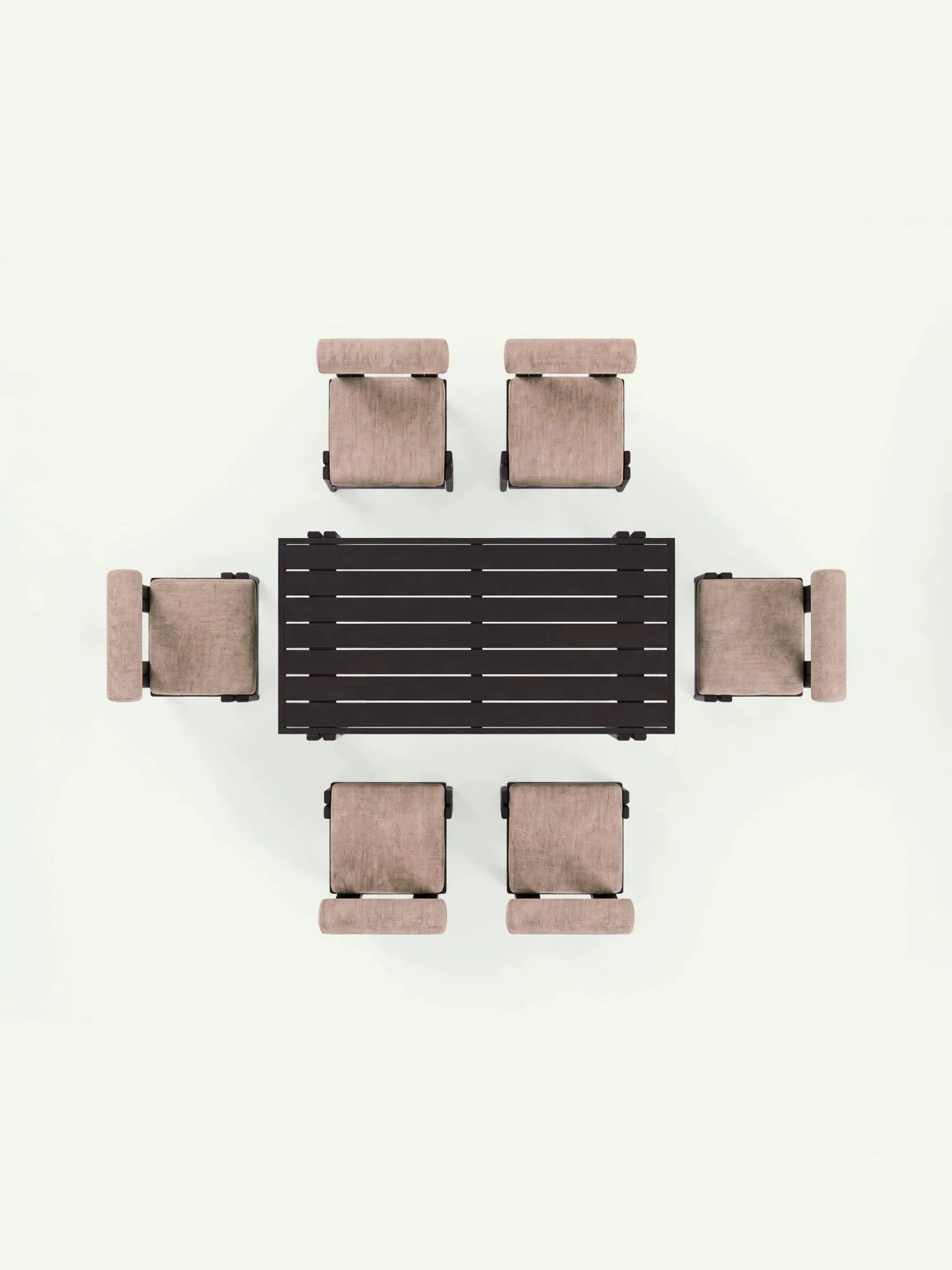 Vogelperspektive des Menelamé Tisch-Sets Kilim, Draufsicht auf den Aluminiumtisch und 6 gepolsterte Gartenstühle.