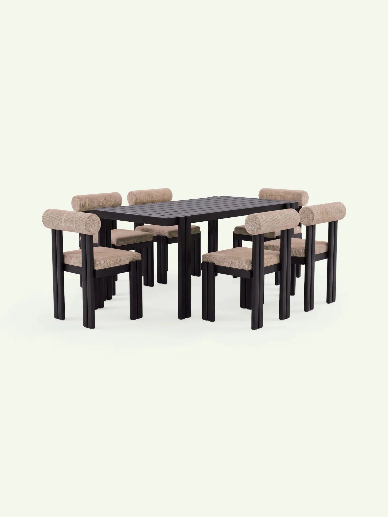 Perspektivische Ansicht der Menelamé Essgruppe Kilim, wetterfeste Outdoor-Möbel aus Aluminium und Olefin.