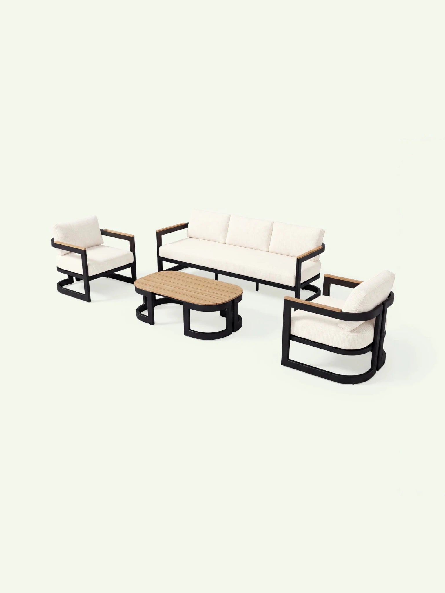 Perspektivische Ansicht der Menelamé Lounge Holla, 4-teilige Outdoor-Gruppe mit Fokus auf das geschwungene Aluminiumgestell.