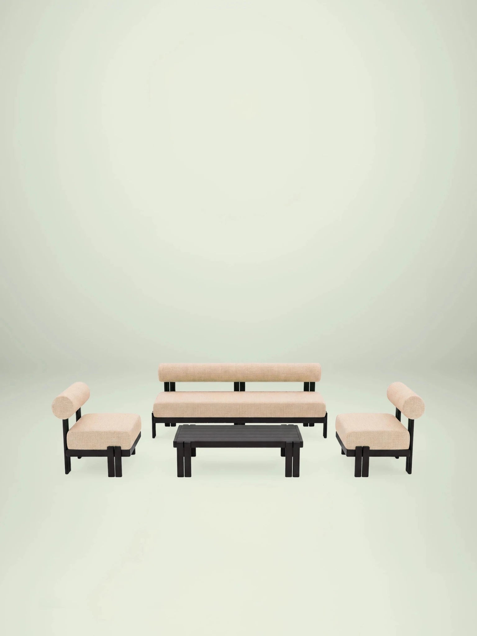 Menelamé Garten-Lounge-Set Kilim mit schwarzen Aluminium-Rahmen und naturbeigen Polstern in minimalistischem Design.