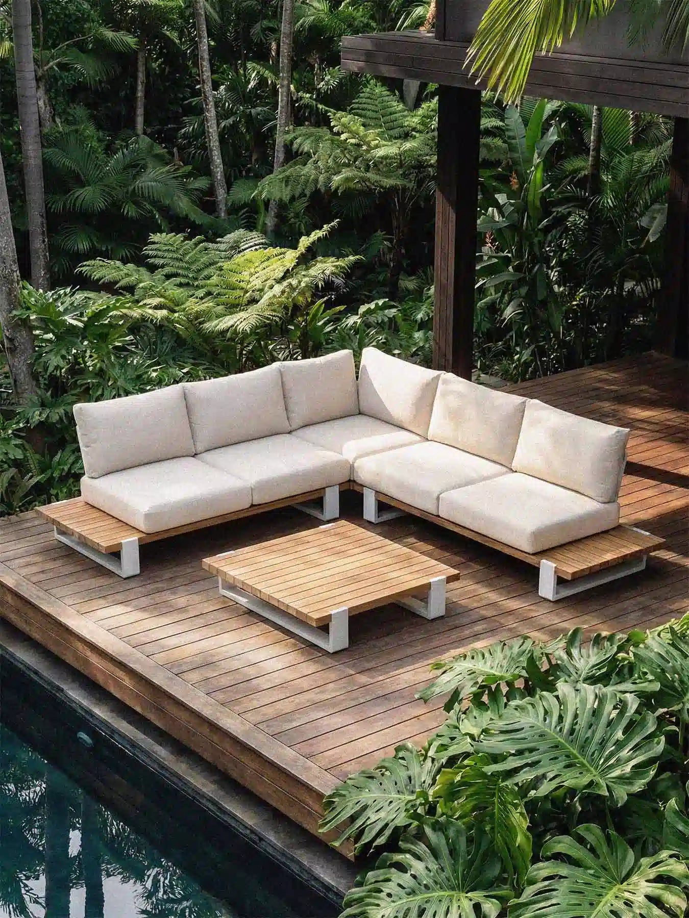 Menelamé Lekra Lounge-Set auf einer Holzterrasse am Pool, umgeben von tropischen Pflanzen.