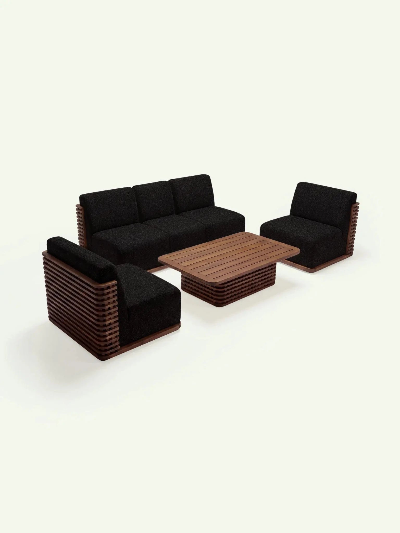 Perspektivische Darstellung des Menelamé Sets Puson, skulpturales Teakholz-Design mit schwarzen wetterfesten Bouclé-Kissen.