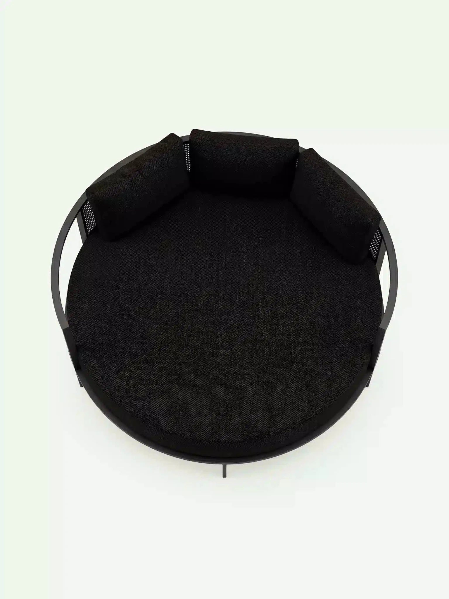 Draufsicht der runden Menelamé Sonneninsel Luron, tiefschwarze Polsterung Enchele auf minimalistischem Aluminiumgestell.