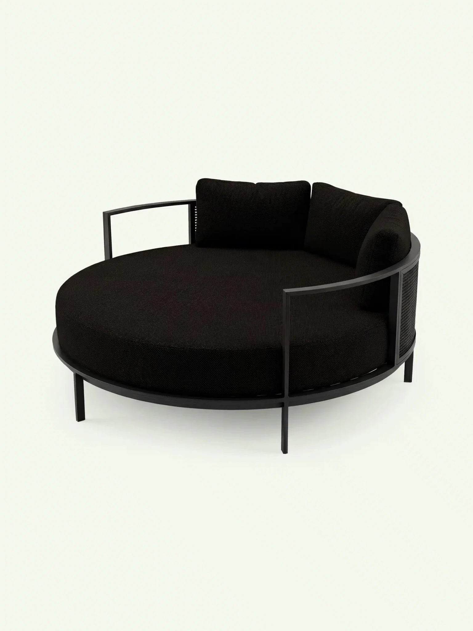 Perspektivische Ansicht der Menelamé Sonneninsel Luron in Tiefschwarz, modernes Aluminium-Design für den Garten.