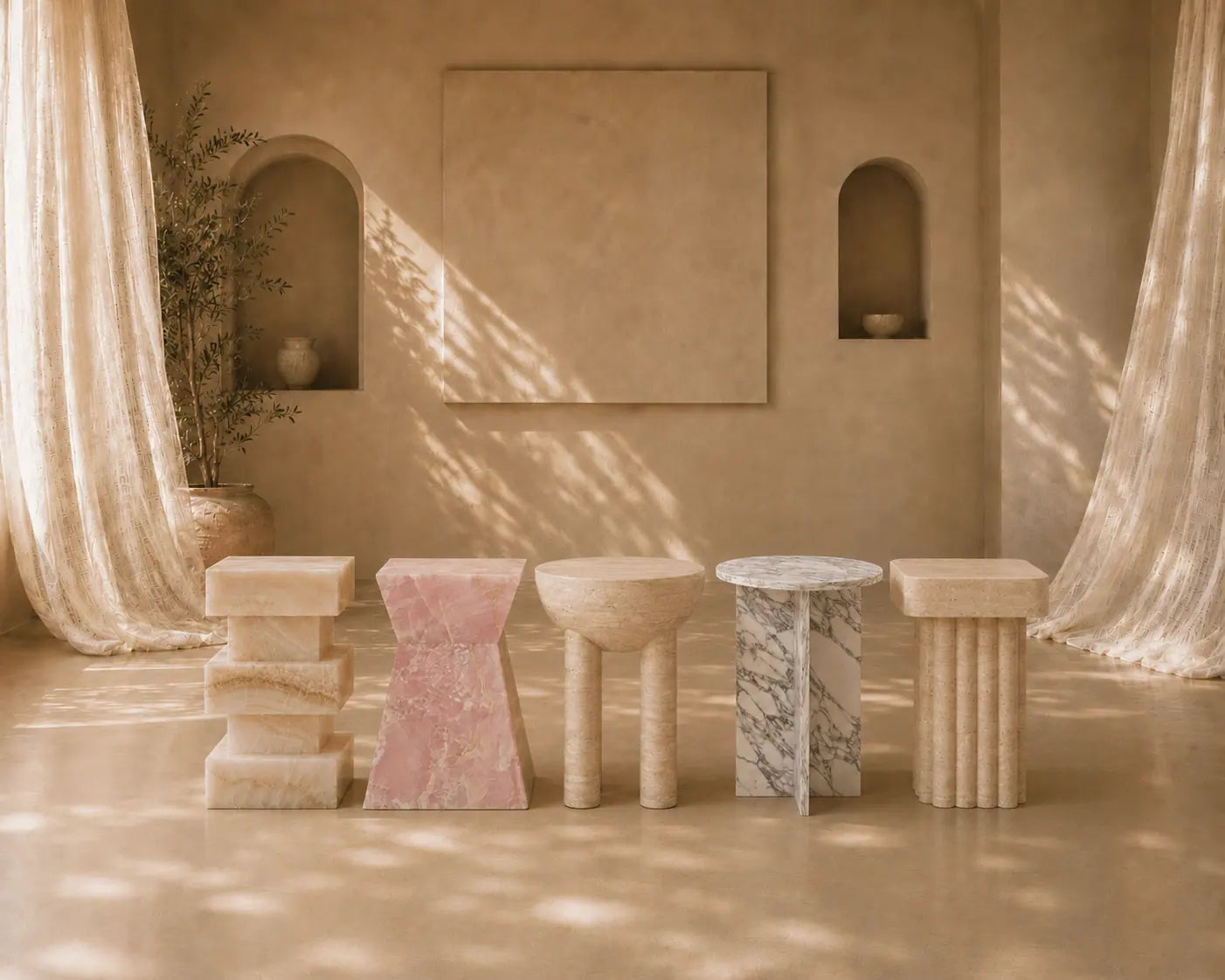 Menelamé Shop by Look: Fünf skulpturale Luxus-Beistelltische aus edlem Naturstein wie Marmor, Travertin und Onyx in einem minimalistischen, sandfarbenen Galerie-Ambiente.