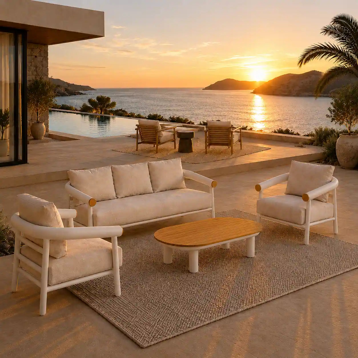 Menelamé Shop by Look: Elegantes Outdoor-Lounge-Set aus hellgrau meliertem Sofa, zwei Sesseln und einem Teakholz-Couchtisch auf einer Klippenterrasse mit direktem Meerblick bei Sonnenuntergang, im Hintergrund das Legion-Set mit zwei Teakholz Stühlen und einem Beistelltisch.