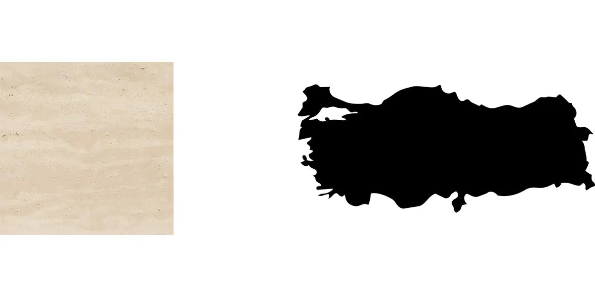 Menelame Naturstein-Präsentation: Beige Travertin-Oberfläche mit horizontaler Maserung und die Landkarte der Türkei.