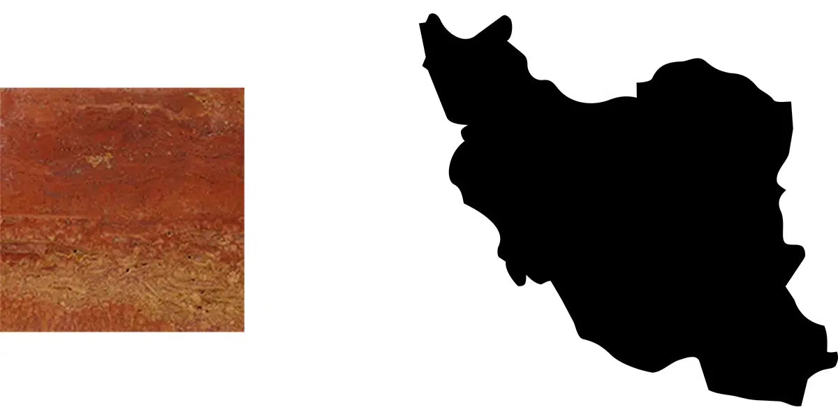 Menelame Material-Präsentation: Roter Travertin mit charakteristischer poröser Struktur und die geografische Form des Iran.