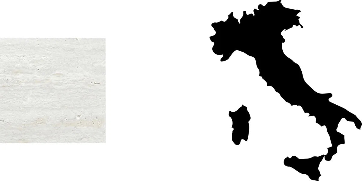 Menelame Naturstein: Super White Travertin in hellem Cremeweiß neben den Umrissen von Italien.